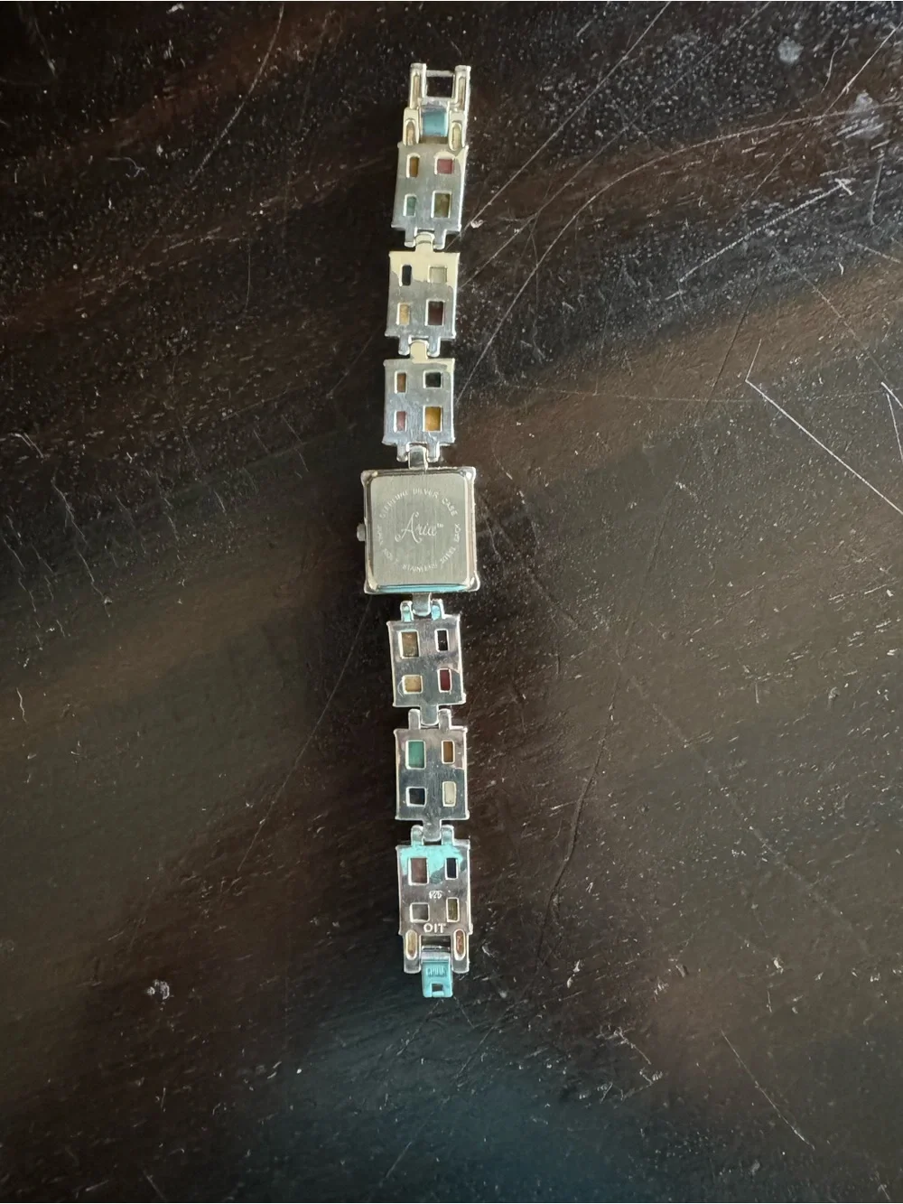 Aria Sterling Multicolor Square Stone Inlay Bracelet Watch, MOP Watch Face